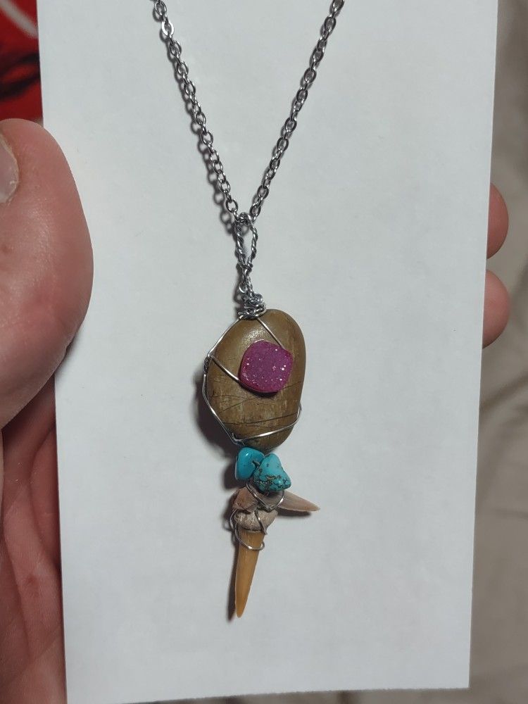 lake Michigan Beach stone, oink druzy, turquoise, shark tooth fossil necklace