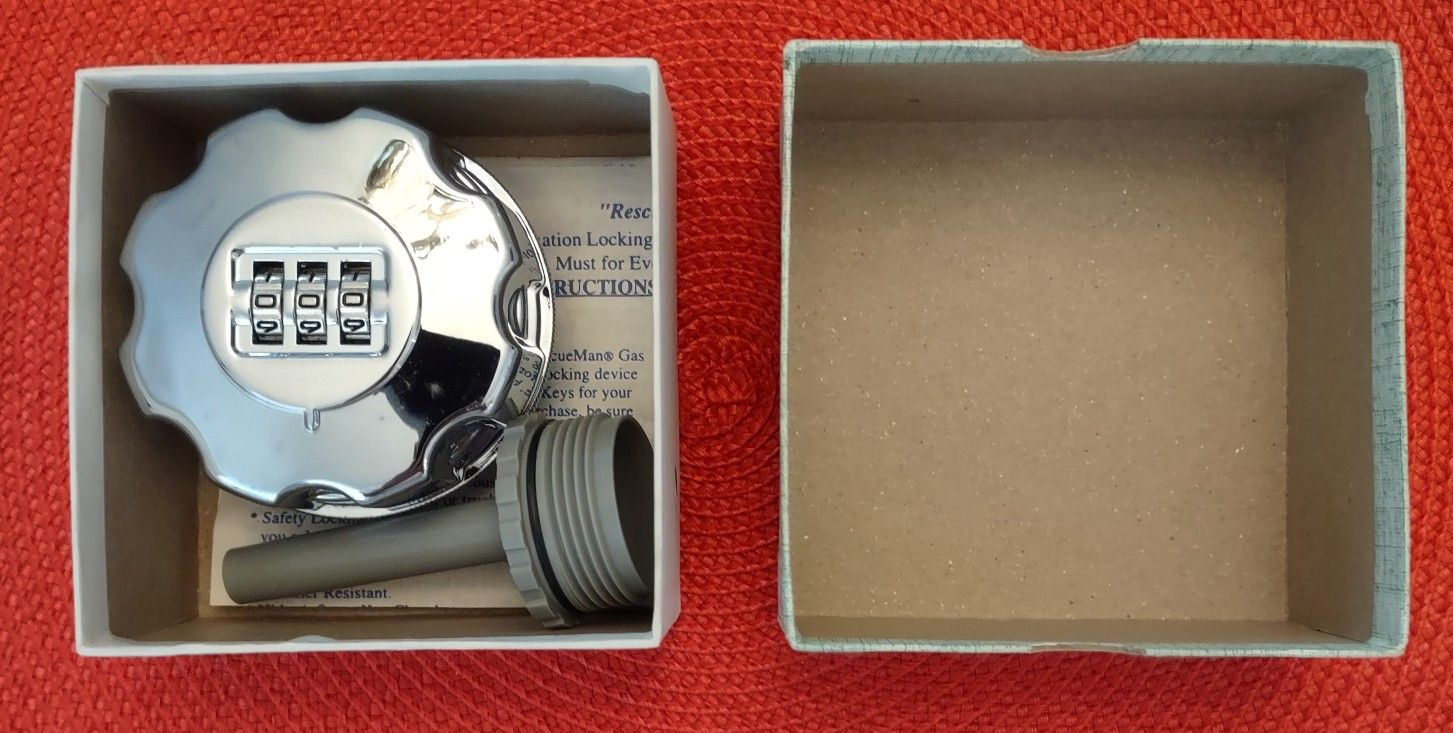 Rare Vintage RescueMan Polished Chrome Combination Locking Gas Tank Cap. MS-572