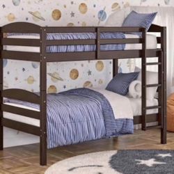 Solid Wood Twin-over-Twin Convertible Bunk Bed, Mocha