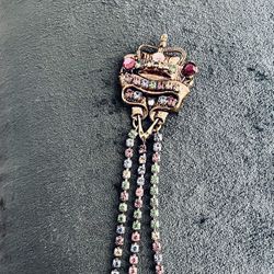 Vintage Queen’s Crown Brooch Pin Goldtone~Pastel Rhinestones & 3 Rhinestone Strands