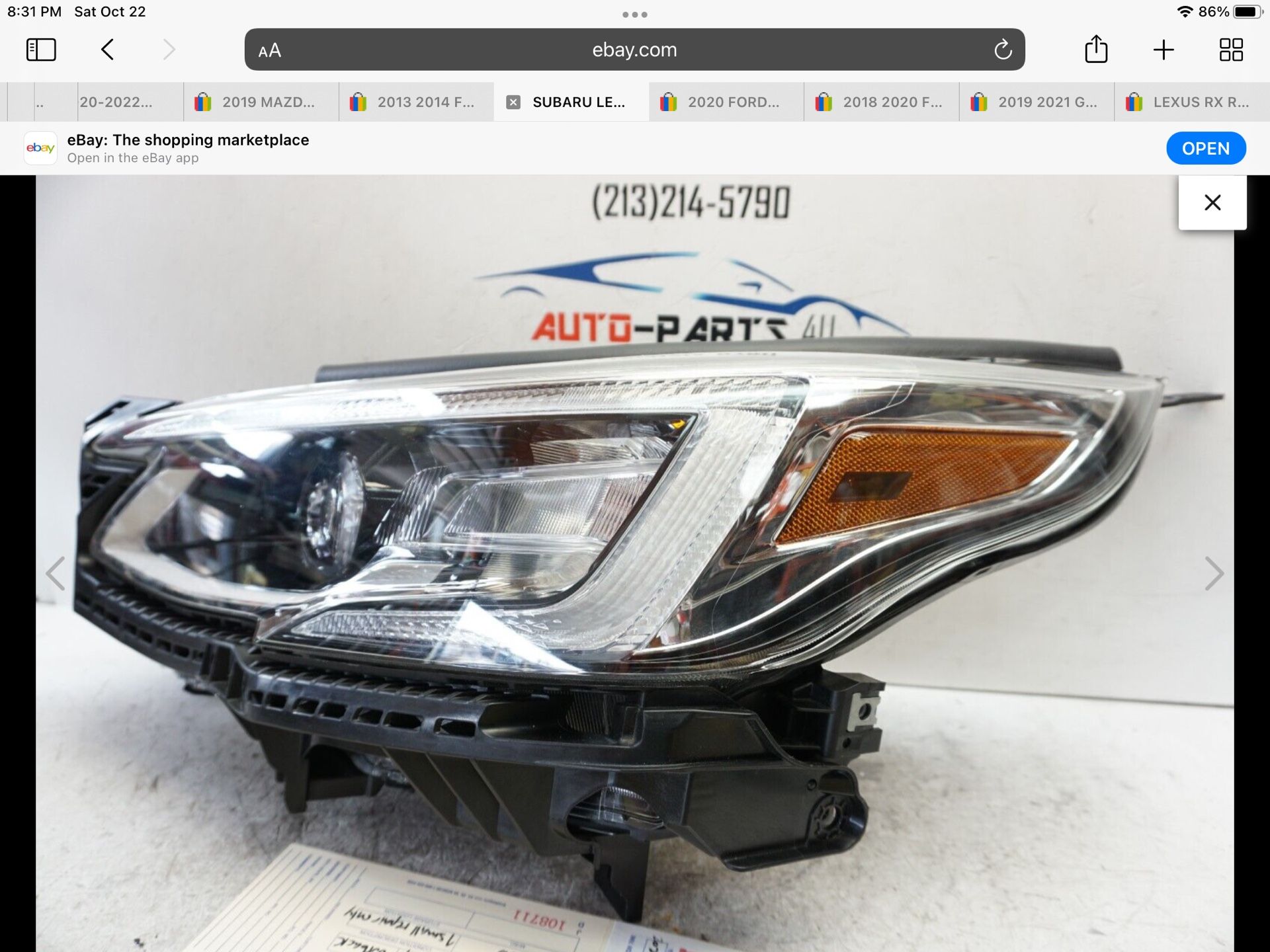 2020-2022 SUBARU LEGACY OUTBACK LEFT DRIVER FULL LED HEADLIGHT OEM 2019 JD108711