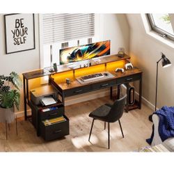 55 Inch Computer Desk with 3 Drawers and File Cabinet for Storage, Office Desk with Monitor Stand and LED Lights, Home Office Desks, Vintag