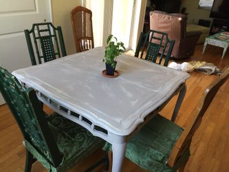 Vintage wood table (with leaf) for 6, matching wood hutch, 3 green chairs 2 brown chairs