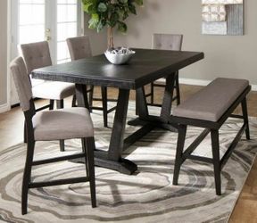 Hampton Brown Oak 6-Piece Counter Set with: Counter Table, 4 Chairs & Bench USED