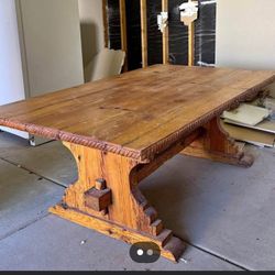 Solid wood rustic southwest trestle dining table - carved rope edges