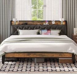 King Size Bed Frame, Storage Headboard with Outlets, Easy to Install, Sturdy and Stable, No Noise,