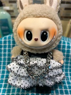 NEW! Pop Mart Labubu doll w/ handmade white polka-dot dress w/ruffles & chain