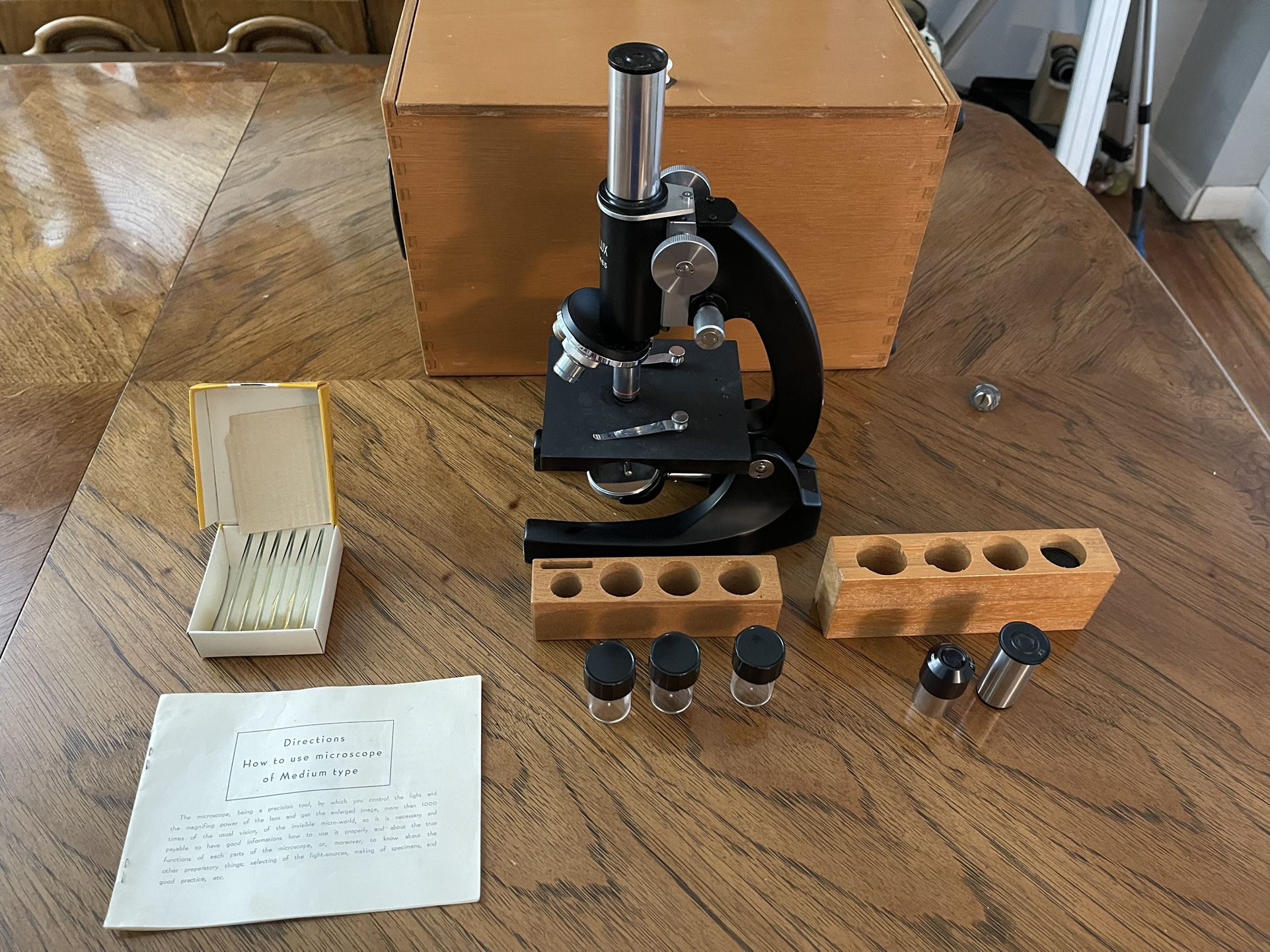 Vintage Monoluxe No. 702465 Microscope with Storage Box, Samples, Lenses, Specimen Jars, Etc.