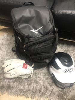 Softball/baseball bag, helmet, cleats,  Glove Is Sold