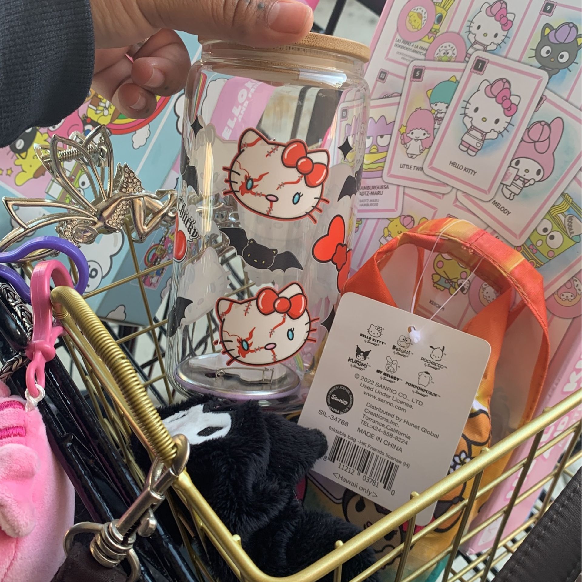 Hello kitty chucky cup, kuromi scrunchie, tan sanrio hello kitty reusable bag