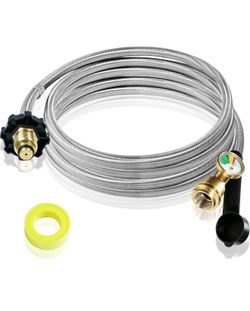 12FT Stainless Steel Braided Propane Hose with Luminous Pressure Gauge, Acme to Male QCC1/POL Fittings, Heavy Duty Extension Line for RV, BBQ Grill, P