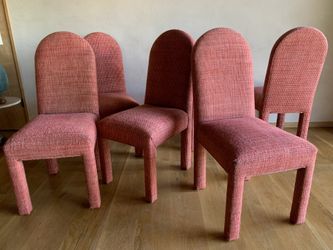 1970s Vintage Postmodern Rosy Pink Wool Boucle Fully Upholstered Lozenge High Back Parsons Dining Chairs -Set of 6