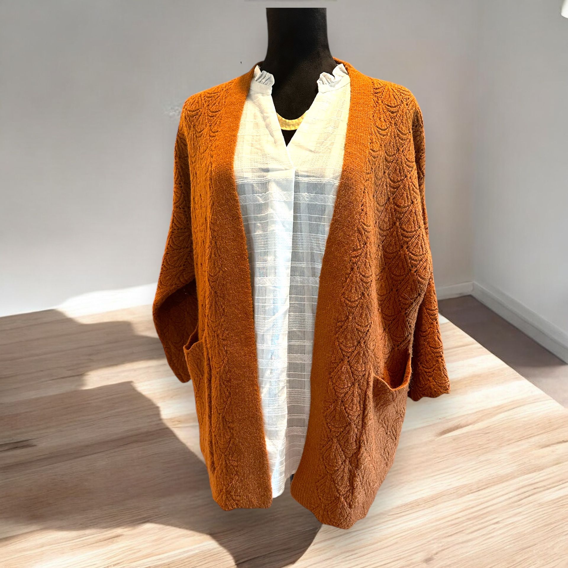 Coco + Carmen Open Front Cardigan Scallop Arm Hem 3/4 Sleeve S/M Rust Orange
