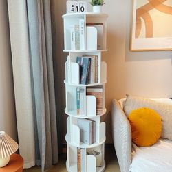 Wooden Rotating Bookshelf 360 Display Floor Standing Bookcase Storage Rack for Kids&Adults Multi-Functional Bookshelf Organizer (White (5-Tier))