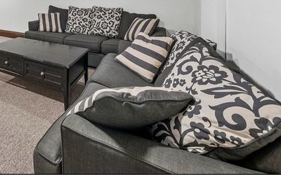 Dark Gray Fabric Sectional Sofa with Pillows
