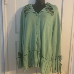  Vintage Story Book Knits Crochet Floral Green Cardigan 2x Plus