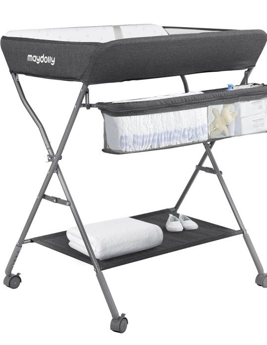 Baby Changing Table with Wheels, Maydolly Portable Adjustable Height Folding Diaper Station with Nursery Organizer & Storage Rack 