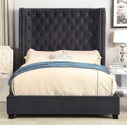 Tall Grey Velvet Queen Bed Frame (
