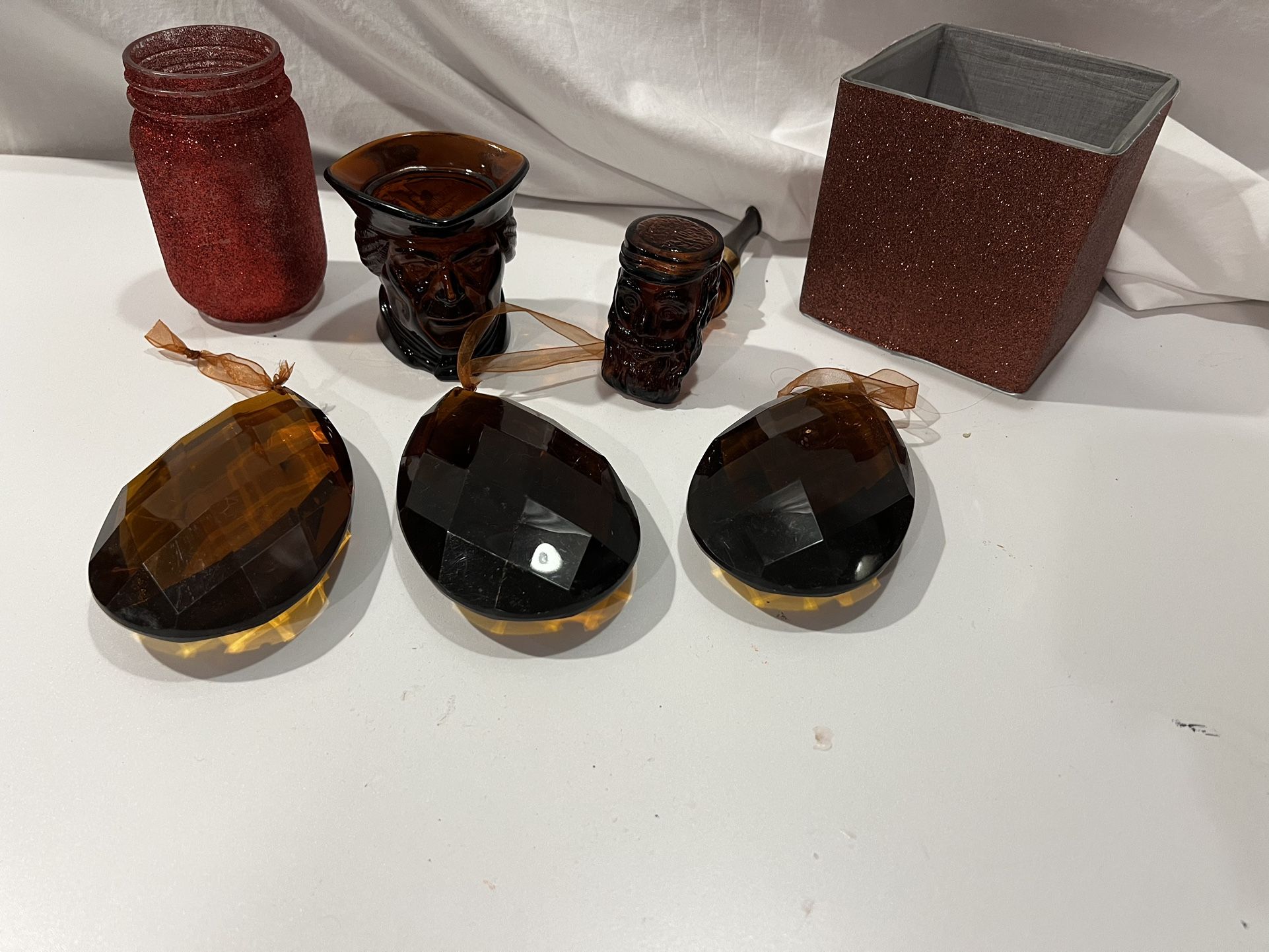 Lot of vintage brown glass w/ 2 sparkly containers red & brown, 3 tear drop wall decor ornaments, Avon perfume bottle & more 