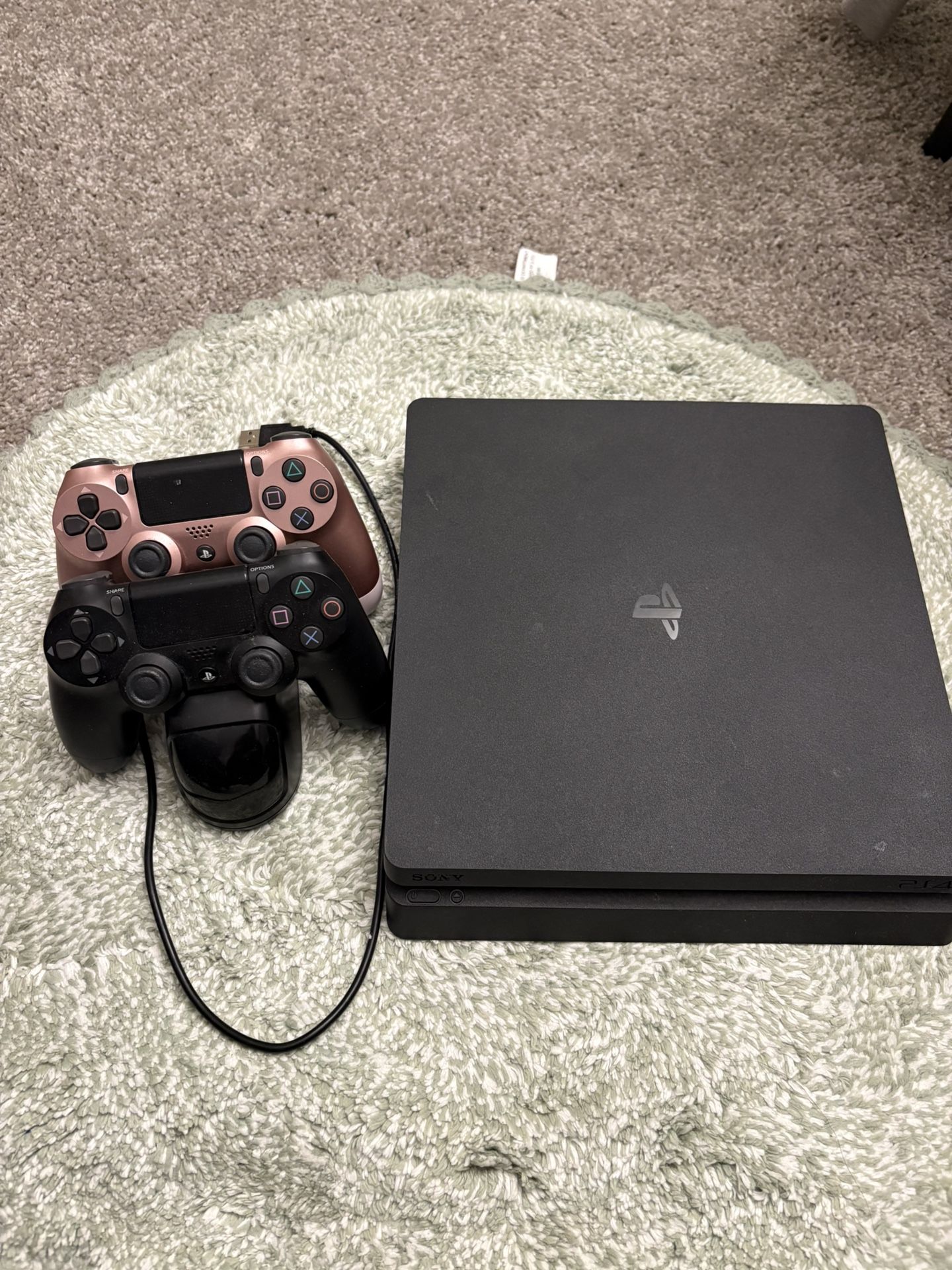 PS4 1TB Gaming Console with Controllers -Black & Rose Gold w/charging dock.