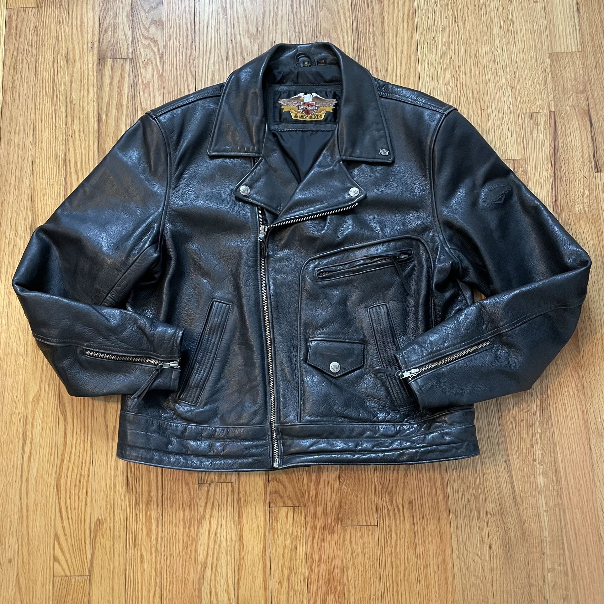 Vintage Harley Davidson Black Leather Jacket Size XL Motorcycle Bike Coat V Logo