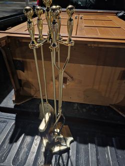 Vintage Fireplace Tool Set / Solid Brass / - 5 Pc Set