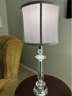 Clear Crystal, Chrome Metal and White Linen Table Lamp