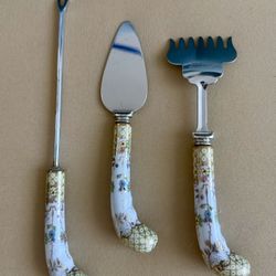 Vintage Sheffield Co. England Prill Porcelain & Stainless 3 Piece Serving Set Bone China