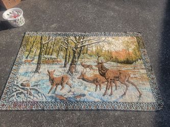 Vintage 60/70s Deer Winter Forest Scene Area Rug