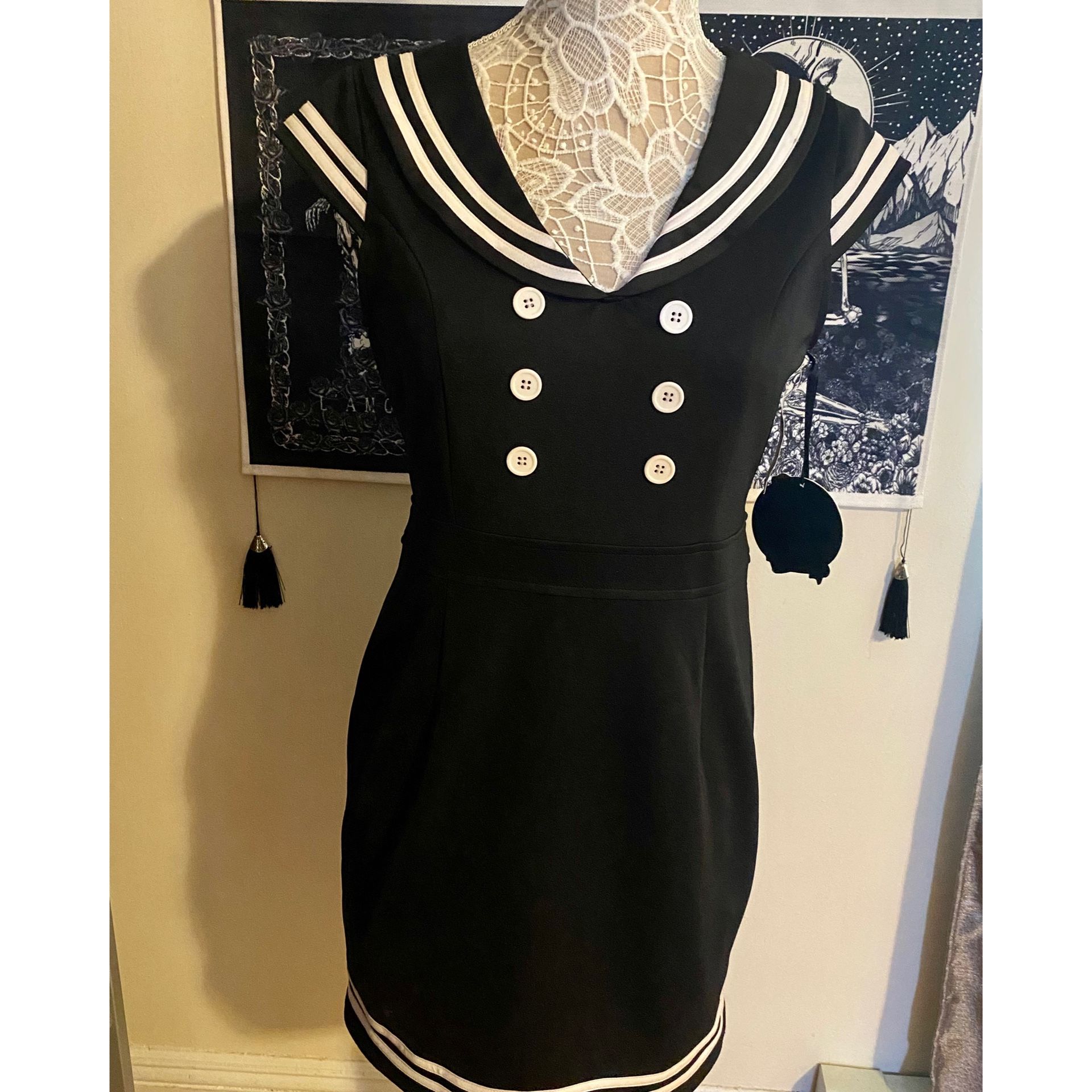 NWT Hell Bunny Vixen Navy Blue Sailor Vintage Style Dress In Medium
