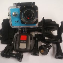 Blue 4K Sports Action Camera, With Attachments 
