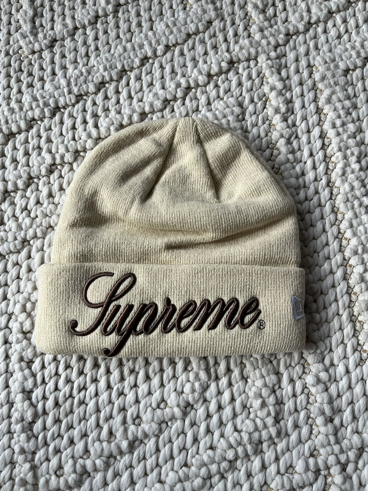 Supreme X New Era Script Logo Unisex Beanie Cream/Brown