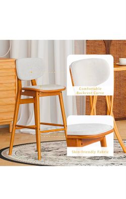 New ! 2 set Mid Century Modern Bar Stools Set of 2, Beige Linen Upholstered Counter Height Bar Chair