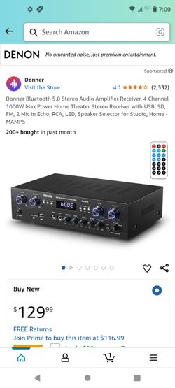 Donner Bluetooth 5.0 Stereo Audio Amplifier Receiver, 4 Channel 1000W Max Power Home Theater Stereo Receiver with USB, SD, FM, 2 Mic in Echo, RCA, LED