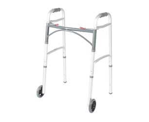 Drive Medical 10210-1 2-Button Folding Walker with Wheels, Rolling Walker, Front Wheel Walker, Lightweight Walkers for Seniors and Adults Weighing Up 