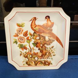 Pretty Vintage Square Porcelain Dish With Stunning Hand Painted Pheasants  