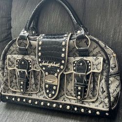 Baby Phat Black Grey Satchel Studded Buckle Accents Pink Lining Double Handles