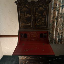Vintage Chinoiserie Scenery French Motif Oriental Secretary Desk