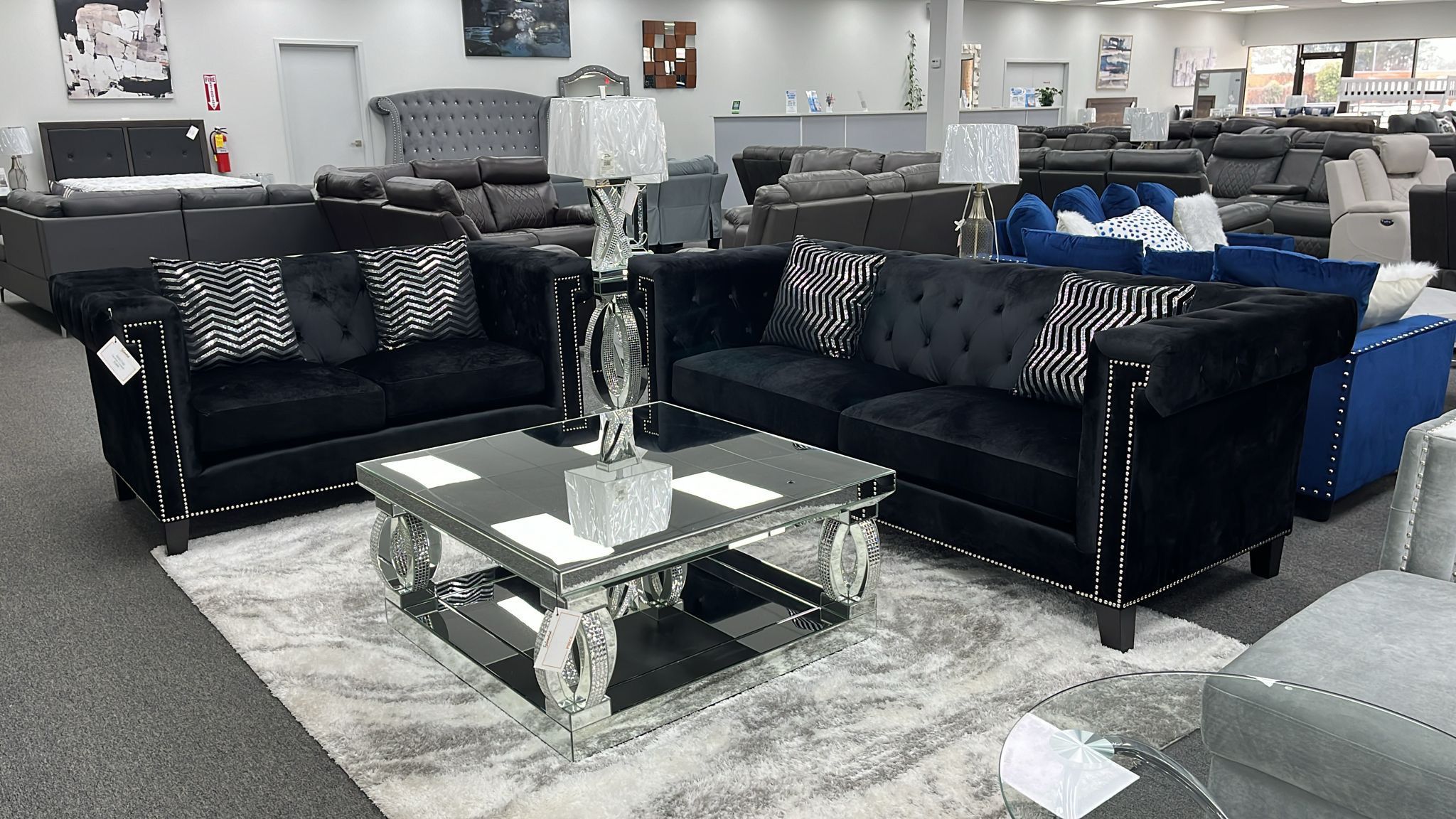 Black Velvet upholstered Sofa Set w/Shiny, chrome nailhead highlighting greek inspired arms