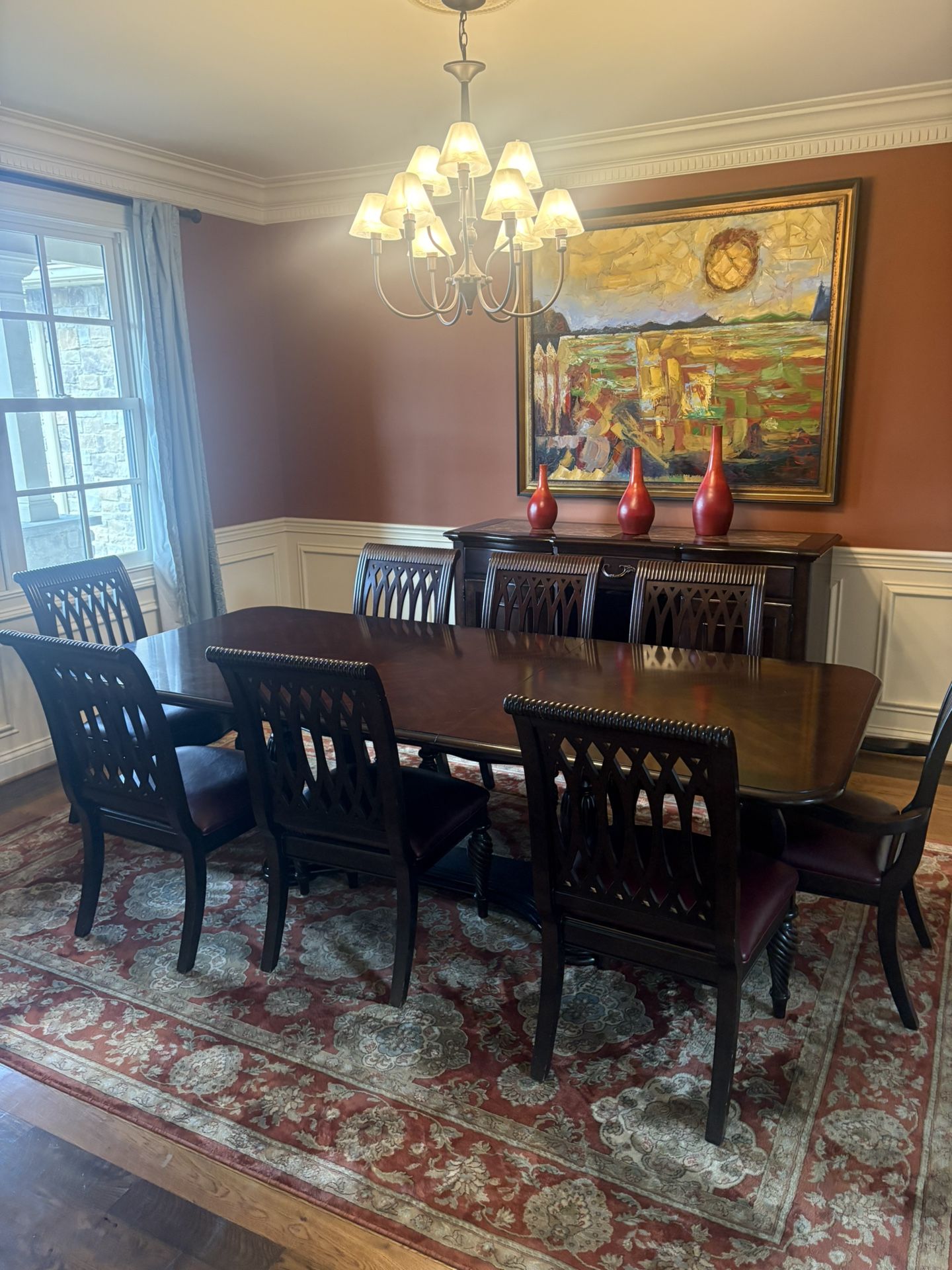 Bernhardt Dining Table 8 chairs and matching buffet  mahogany 80 inch table with 2 22 inch leafs