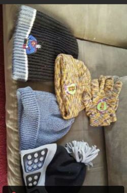 Kids winter boots, hats, and gloves