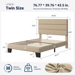 Twin Size Platform Bed Frame with Fabric Upholstered Headboard Wooden Slats Support, Fully Upholstered Mattress Foundation, No Box Spring Needed, Easy