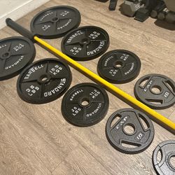 Beautiful BRAND NEW  Olympic Equipment: Bar And Full Set Of Weight Plates. Total Of 290 lbs