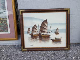 Original oil painting Chinese Junk Boat