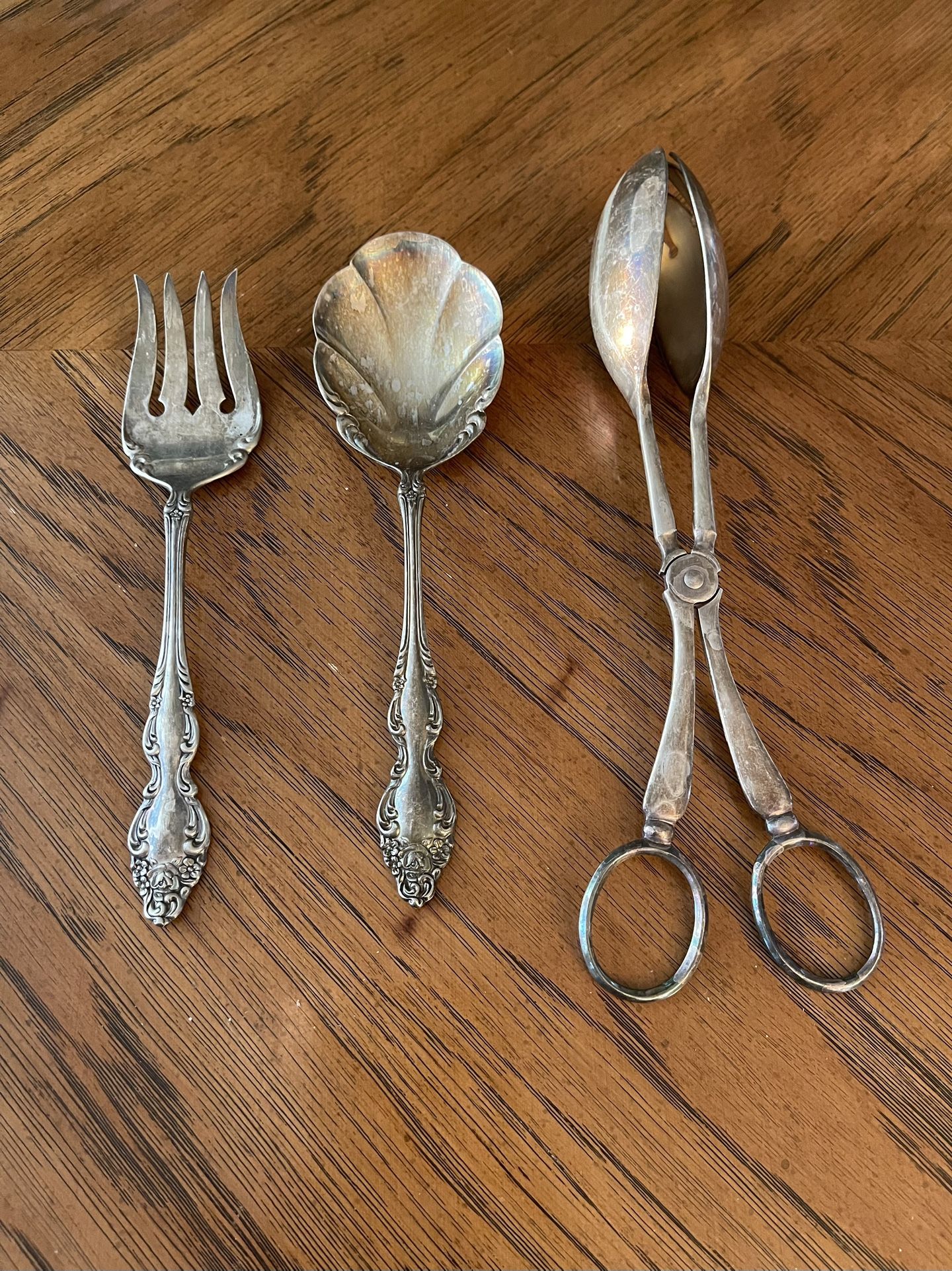 Vintage Silver Plated Serving Fork, Spoon, and Salad Tongs - 1881 Rogers - Cooper Bros & Sons Ltd.
