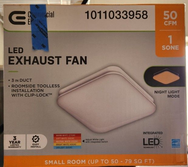 Exclusive
Commercial Electric
50 CFM Ceiling Mount Room Side Installation Bathroom Exhaust Fan with Adjustable Color Temperature LED and Night Light