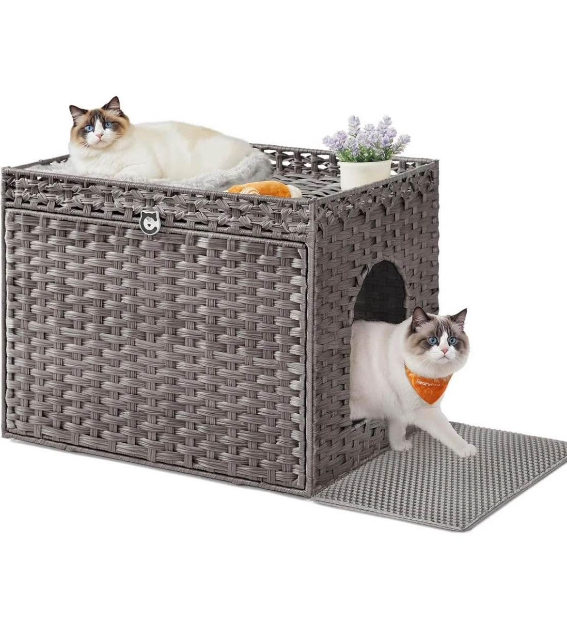 Feandrea Cat Litter Box Enclosure, Handwoven Rattan Hidden Litter Box Furniture with Extra Litter Mat, Removable Washable Tray, Boho Cat H
