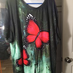 Red Butterfly Black Blouse T-shirt