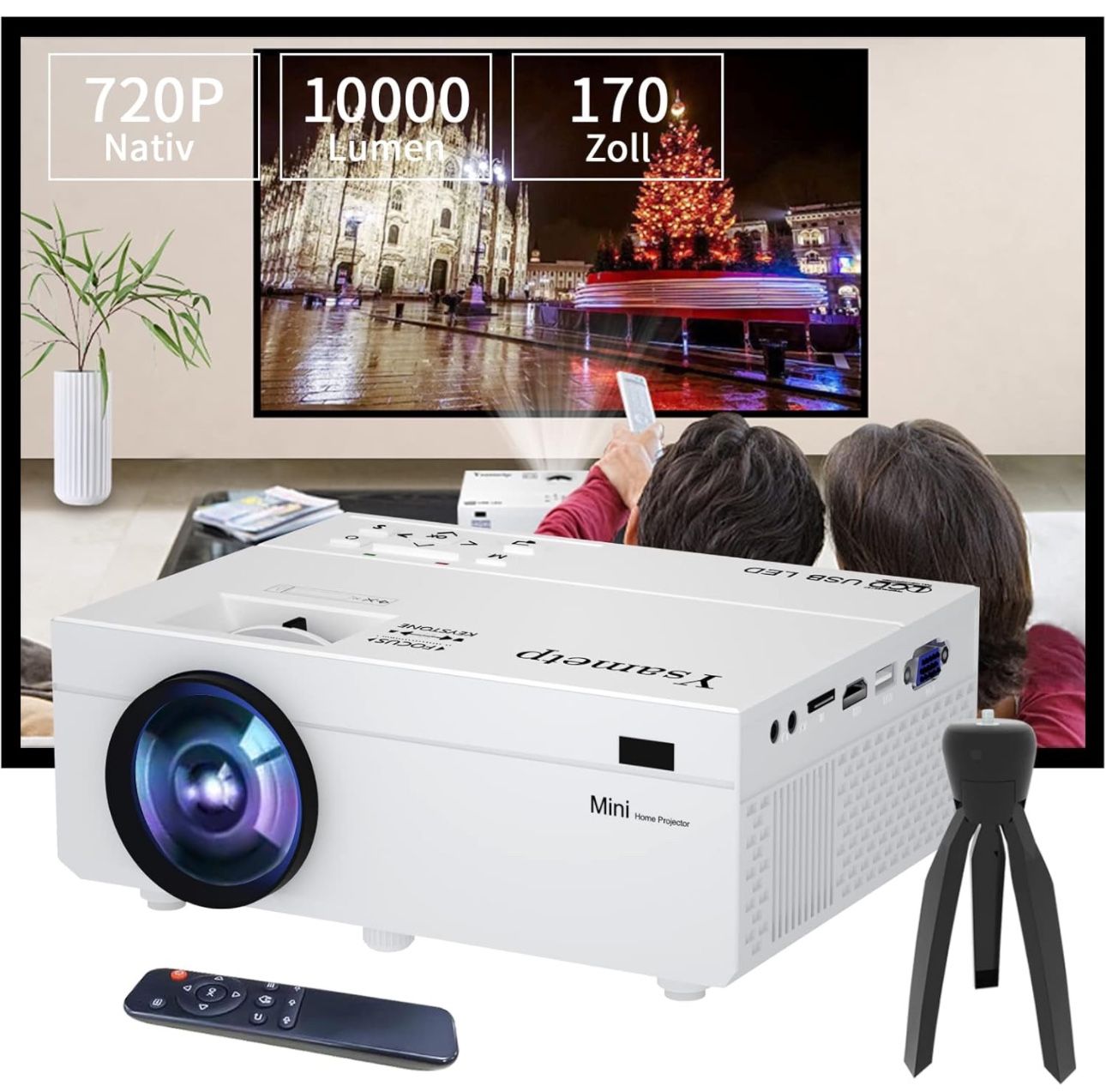 Mini Portable Projector, 1280 x 720P 200 Inch Screen HD Video Projector, 10000LM Home Theater Beamer, Compatible with Laptop, TV Stick, HDMI, USB, iP