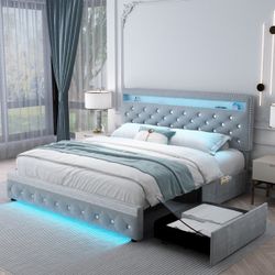 Open Box - Soft Velvet Grey LED Bed Frame with Adjustable Headboard and 2 Drawers Pockets, King